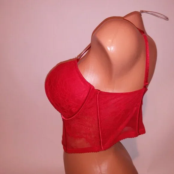 Victoria Secret Bra Push Up Red Silver Shine Strap Logo Lace Long Line Very Sexy Bras